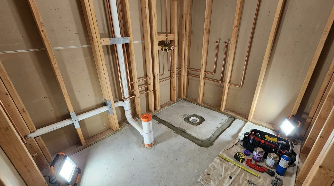 Bathroom rough-in plumbing during remodel by Johns Plumbing LLC in Saint Jacob