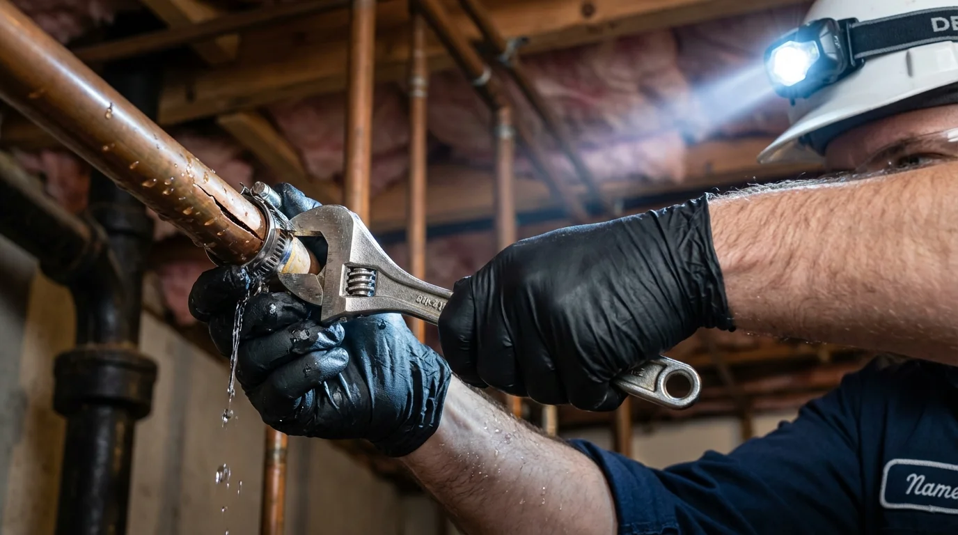 Emergency pipe clamp repair being performed by a Johns Plumbing LLC plumber in Saint Jacob