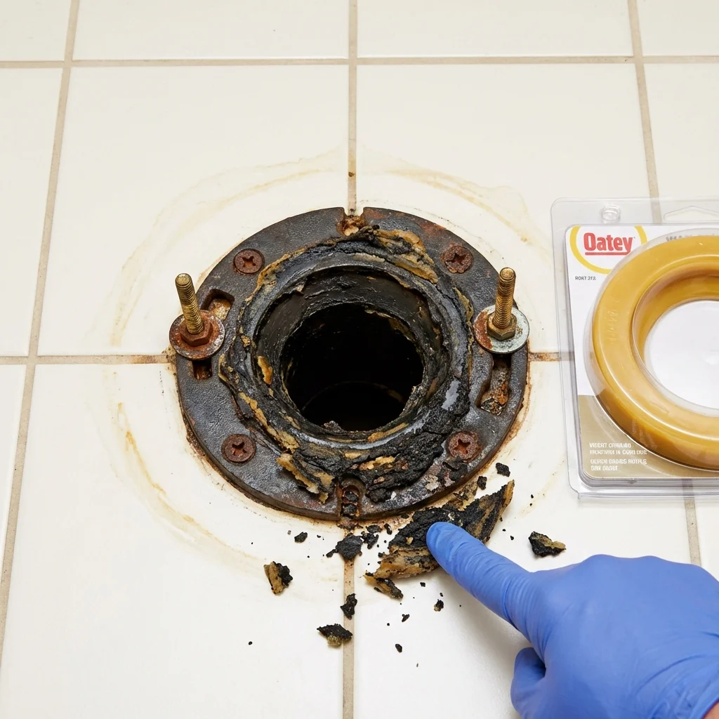 Failed wax ring showing water seepage at the base of a toilet in a Saint Jacob, IL home