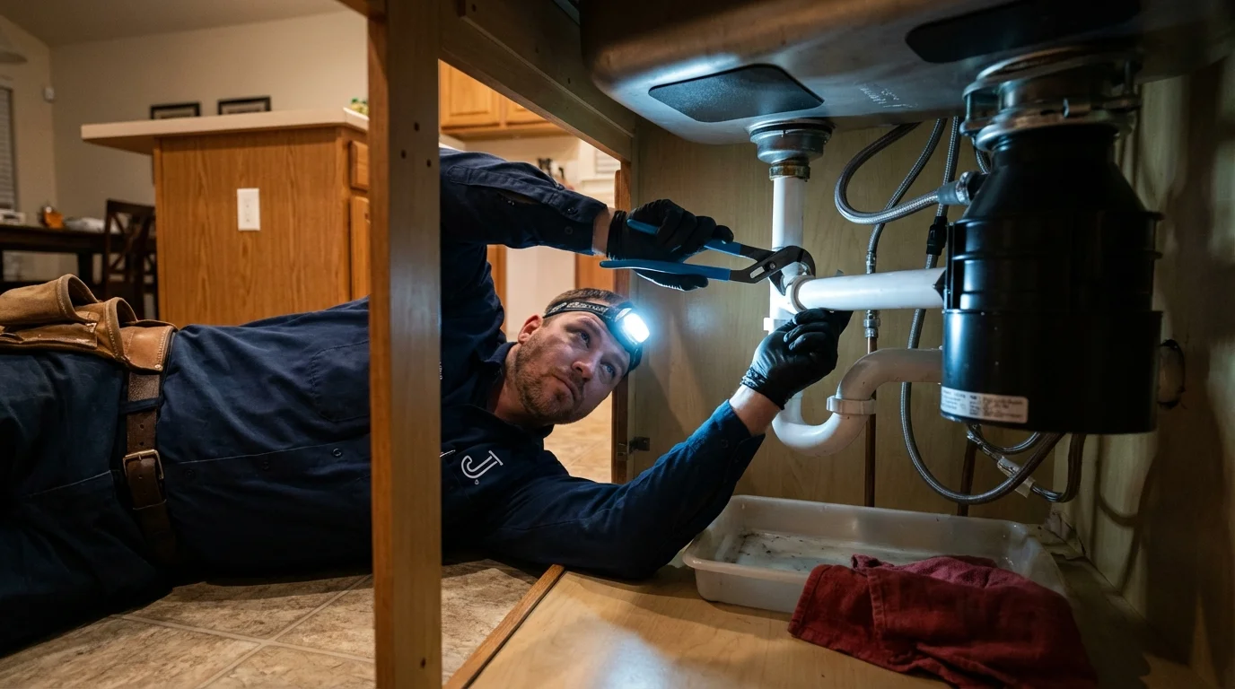 P-trap and supply line connections under a kitchen sink showing a common leak point in Saint Jacob, IL